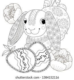 Coloring Pages. Coloring Book for adults and children. Colouring pictures with Easter Bunny. Antistress freehand sketch drawing with doodle and zentangle element