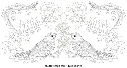 Coloring Pages. Coloring Book for adults and children. Colouring pictures with birds and flowers. Antistress freehand sketch drawing with doodle and zentangle element