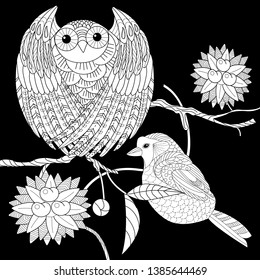 Coloring Pages. Coloring Book for adults and children. Colouring pictures with owl and flowers. Antistress freehand sketch drawing with doodle and zentangle element