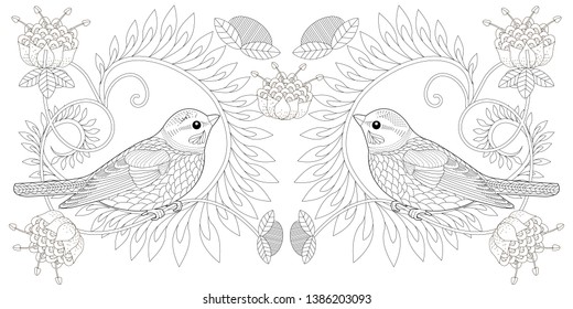 Coloring Pages. Coloring Book for adults and children. Colouring pictures with birds and flowers. Antistress freehand sketch drawing with doodle and zentangle element