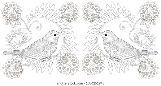 Coloring Pages. Coloring Book for adults and children. Colouring pictures with birds and flowers. Antistress freehand sketch drawing with doodle and zentangle element