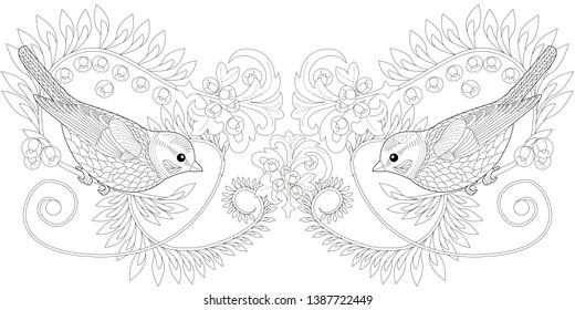 Coloring Pages. Coloring Book for adults and children. Colouring pictures with birds and flowers. Antistress freehand sketch drawing with doodle and zentangle element