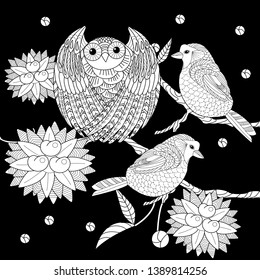 Coloring Pages. Coloring Book for adults and children. Colouring pictures with birds and flowers. Antistress freehand sketch drawing with doodle and zentangle element