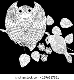 Coloring Pages. Coloring Book for adults and children. Colouring pictures with owl. Antistress freehand sketch drawing with doodle and zentangle element