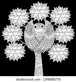 Coloring Pages. Coloring Book for adults and children. Colouring pictures with owl. Antistress freehand sketch drawing with doodle and zentangle element