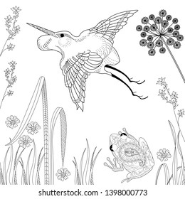 Coloring Pages. Coloring Book for adults and children. Colouring pictures with stork. Antistress freehand sketch drawing with doodle and zentangle element