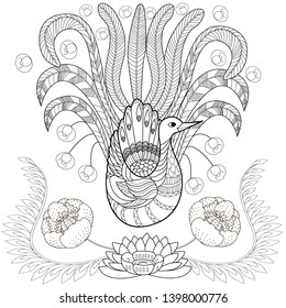 Coloring Pages. Coloring Book for adults and children. Colouring pictures with peacock and flowers. Antistress freehand sketch drawing with doodle and zentangle element