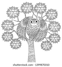 Coloring Pages. Coloring Book for adults and children. Colouring pictures with owl. Antistress freehand sketch drawing with doodle and zentangle element