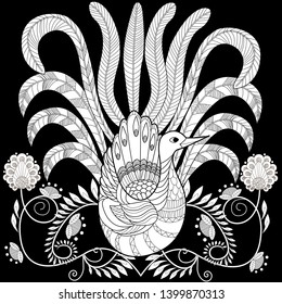 Coloring Pages. Coloring Book for adults and children. Colouring pictures with peacock and flowers. Antistress freehand sketch drawing with doodle and zentangle element