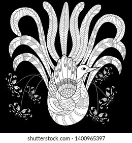 Coloring Pages. Coloring Book for adults and children. Colouring pictures with peacock and flowers. Antistress freehand sketch drawing with doodle and zentangle element