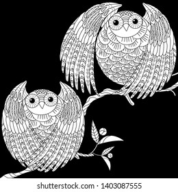 Coloring Pages. Coloring Book for adults and children. Colouring pictures with owl. Antistress freehand sketch drawing with doodle and zentangle element