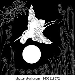 Coloring Pages. Coloring Book for adults and children. Colouring pictures with stork and flowers. Antistress freehand sketch drawing with doodle and zentangle element
