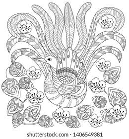 Coloring Pages. Coloring Book for adults and children. Colouring pictures with peacock and flowers. Antistress freehand sketch drawing with doodle and zentangle element