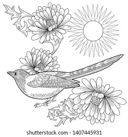 Coloring Pages. Coloring Book for adults and children. Colouring pictures with bird and flowers. Antistress freehand sketch drawing with doodle and zentangle element