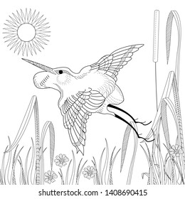 Coloring Pages. Coloring Book for adults and children. Colouring pictures with stork. Antistress freehand sketch drawing with doodle and zentangle element