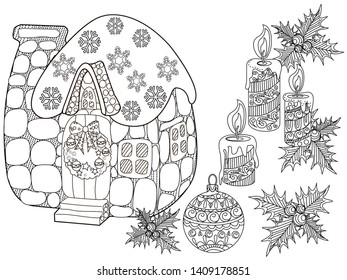 Coloring Pages. Coloring Book for adults and children. Colouring pictures with house and Tree Ornament. Antistress freehand sketch drawing with doodle and zentangle elements.