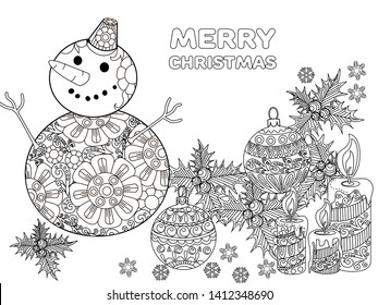 Coloring Pages. Coloring Book for adults and children. Colouring pictures with house and snowman. Antistress freehand sketch drawing with doodle and zentangle elements.