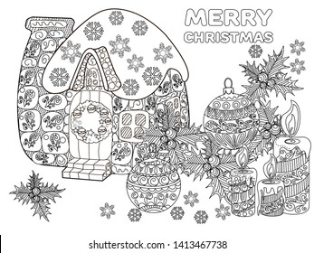 Coloring Pages. Coloring Book for adults and children. Colouring pictures with house and snowman. Antistress freehand sketch drawing with doodle and zentangle elements.