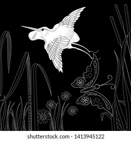 Coloring Pages. Coloring Book for adults and children. Colouring pictures with stork. Antistress freehand sketch drawing with doodle and zentangle element