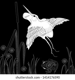Coloring Pages. Coloring Book for adults and children. Colouring pictures with stork. Antistress freehand sketch drawing with doodle and zentangle element