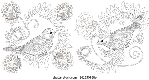 Coloring Pages. Coloring Book for adults and children. Colouring pictures with birds and flowers. Antistress freehand sketch drawing with doodle and zentangle element