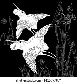Coloring Pages. Coloring Book for adults and children. Colouring pictures with stork. Antistress freehand sketch drawing with doodle and zentangle element