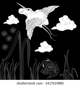 Coloring Pages. Coloring Book for adults and children. Colouring pictures with stork. Antistress freehand sketch drawing with doodle and zentangle element