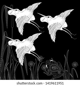 Coloring Pages. Coloring Book for adults and children. Colouring pictures with storks. Antistress freehand sketch drawing with doodle and zentangle element