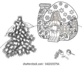 Coloring Pages. Coloring Book for adults and children. Christmas Tree Ornament and hause. Art therapy coloring page.