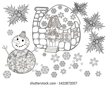 Coloring Pages. Coloring Book for adults and children. Christmas Tree Ornament and hause. Art therapy coloring page.