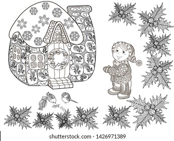 Coloring Pages. Coloring Book for adults and children. Christmas Tree Ornament and hause. Art therapy coloring page.