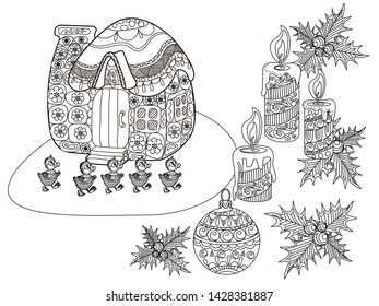Coloring Pages. Coloring Book for adults and children. Christmas Tree Ornament and hause. Art therapy coloring page.