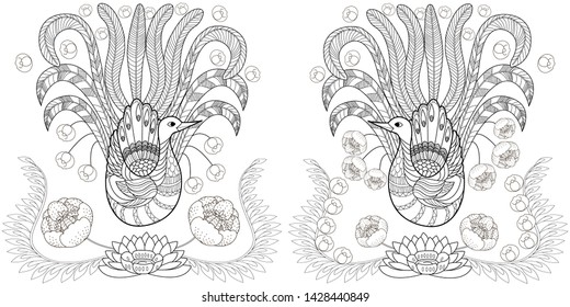 Coloring Pages. Coloring Book for adults and children. Colouring pictures with peacocks and flowers. Antistress freehand sketch drawing with doodle and zentangle element