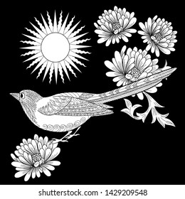 Coloring Pages. Coloring Book for adults and children. Colouring pictures with birds and flowers. Antistress freehand sketch drawing with doodle and zentangle element