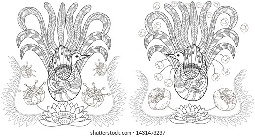 Coloring Pages. Coloring Book for adults and children. Colouring pictures with peacocks and flowers. Antistress freehand sketch drawing with doodle and zentangle element
