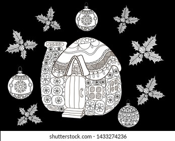 Coloring Pages. Coloring Book for adults and children. Christmas Tree Ornament and hause. Art therapy coloring page.