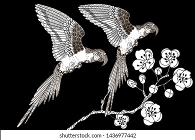 Coloring Pages. Coloring Book for adults and children. Colouring pictures with birds and flowers. Antistress freehand sketch drawing with doodle and zentangle element