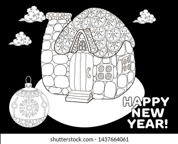 Coloring Pages. Coloring Book for adults and children. Christmas Tree Ornament and hause. Art therapy coloring page.