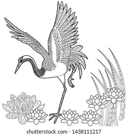 Coloring Pages. Coloring Book for adults and children. Colouring pictures with storck and flowers. Antistress freehand sketch drawing with doodle and zentangle element