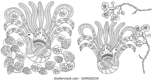 Coloring Pages. Coloring Book for adults and children. Colouring pictures with birds and flowers. Antistress freehand sketch drawing with doodle and zentangle element