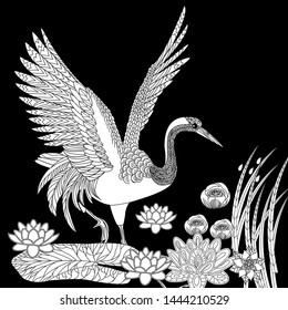 Coloring Pages. Coloring Book for adults and children. Colouring pictures with stork. Antistress freehand sketch drawing with doodle and zentangle element