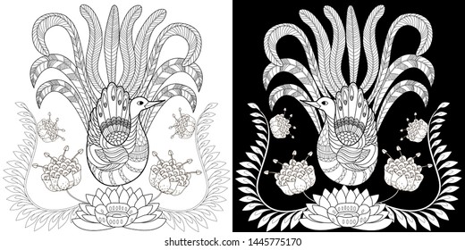Coloring Pages. Coloring Book for adults and children. Colouring pictures with birds and flowers. Antistress freehand sketch drawing with doodle and zentangle element