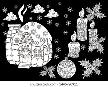Coloring Pages. Coloring Book for adults and children. Christmas Tree Ornament and hause. Art therapy coloring page.