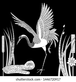 Coloring Pages. Coloring Book for adults and children. Colouring pictures with stork. Antistress freehand sketch drawing with doodle and zentangle element