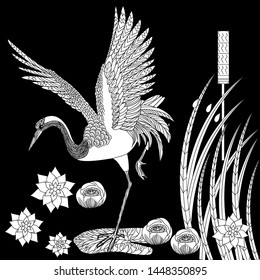 Coloring Pages. Coloring Book for adults and children. Colouring pictures with stork. Antistress freehand sketch drawing with doodle and zentangle element
