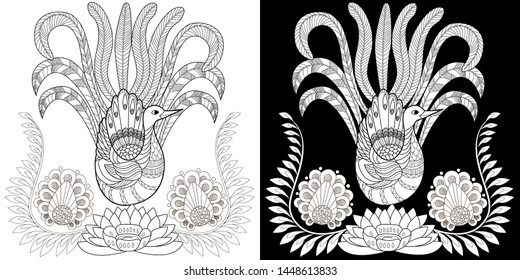 Coloring Pages. Coloring Book for adults and children. Colouring pictures with birds and flowers. Antistress freehand sketch drawing with doodle and zentangle element