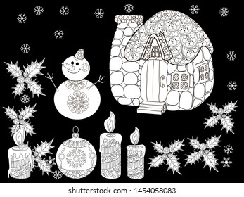 Coloring Pages. Coloring Book for adults and children. Christmas Tree Ornament and hause. Art therapy coloring page.