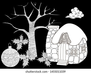 Coloring Pages. Coloring Book for adults and children. Christmas Tree Ornament and hause. Art therapy coloring page.