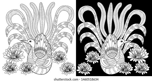 Coloring Pages. Coloring Book for adults and children. Colouring pictures with birds and flowers. Antistress freehand sketch drawing with doodle and zentangle element