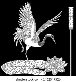 Coloring Pages. Coloring Book for adults and children. Colouring pictures with stork. Antistress freehand sketch drawing with doodle and zentangle element